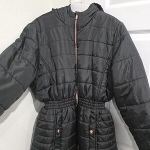 Pink Platinum Black Puffer Jacket Faux Fur Lined Cinched Waist Hooded Coat XL